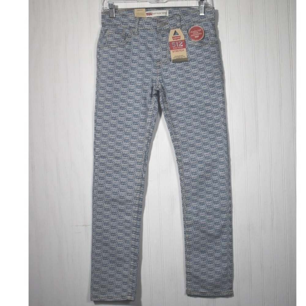 Levis 512 Slim Taper Jeans Stretch All Over Logo Print Denim‎ Size 14